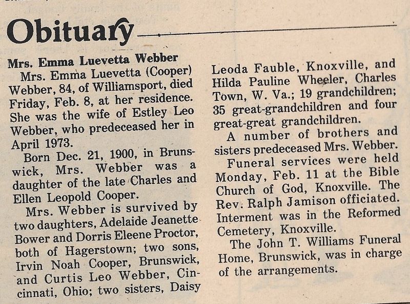 File:Emma Luevetta (Cooper) Webber Obituary from The Brunswick Citizen, Vol 12, No 7, February 14, 1985.jpg
