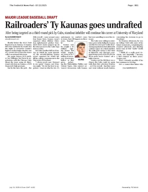 Railroaders’ Ty Kaunas goes undrafted, FrederickNewsPost, 2025.07.15.pdf