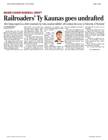 File:Railroaders’ Ty Kaunas goes undrafted, FrederickNewsPost, 2025.07.15.pdf