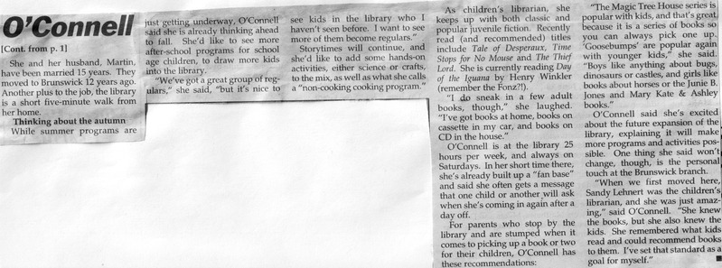 File:Library 2004, Caroline O'Connell Children's Librarian from The Brunswick Citizen, July 8, 2004 (2).tif