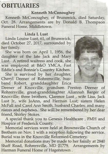 File:Kenneth McConoughey Obituary and Linda Louise Lust Obituary from The Brunswick Citizen, November 2, 2017.jpg