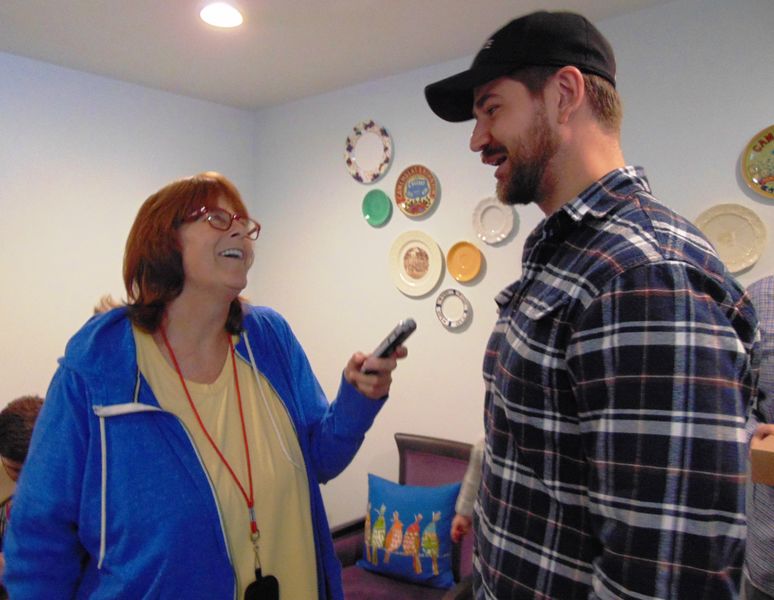 File:Brunswick Citizen Reporter Caroline Mansfield interviews Brunswick Economic Development Council member James Rippeon at Hive Bakery May 19, 2018.JPG