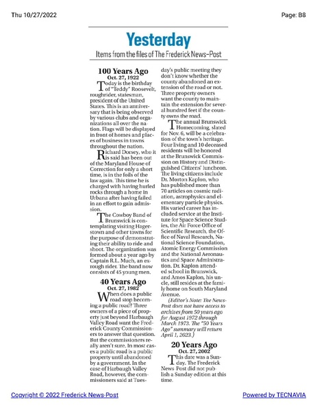 File:Rough rider R.L. Much led the Cowboy Band of Brunswick in 1922, The Frederick News-Post historical reprint, October 27, 1922.pdf