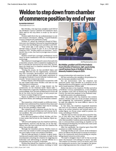 File:Weldon to step down from chamber of commerce position by end of year, FrederickNewsPost, 2026.01.31.pdf