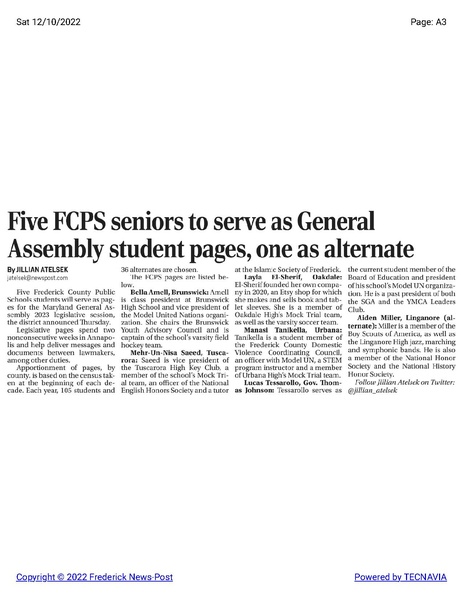 File:Bella Amell to be a Maryland General Assembly student page in 2023, The Frederick News-Post, December 10, 2022.pdf