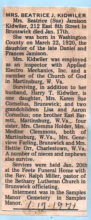 Beatrice (Sue) Jamison Kidwiler Obituary January 1971.jpg