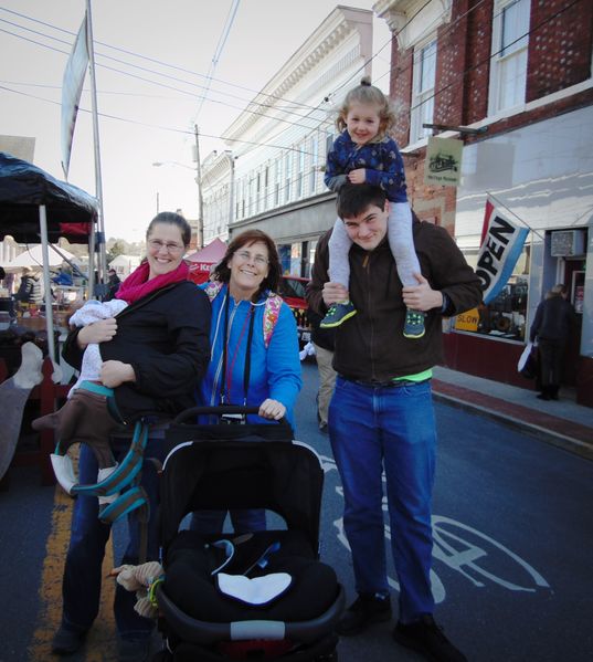 File:BBQ Throwdown March 3, 2018 Left to right Rachel Comer with baby Sebastian, Caroline Mansfield, Alex Mansfield holding Bruce, Abigail Comer..JPG