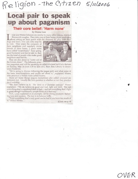 File:Lexie and Winter Johson on Paganism from the Brunswick Citizen, May 11, 2006.pdf