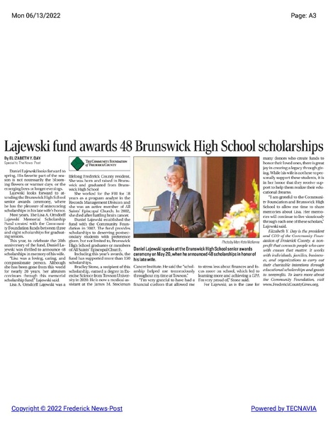 File:Lisa Orndorff Lajewski memorial fund awards scholarships to BHS grads, The Frederick News-Post, June 13, 2022.pdf