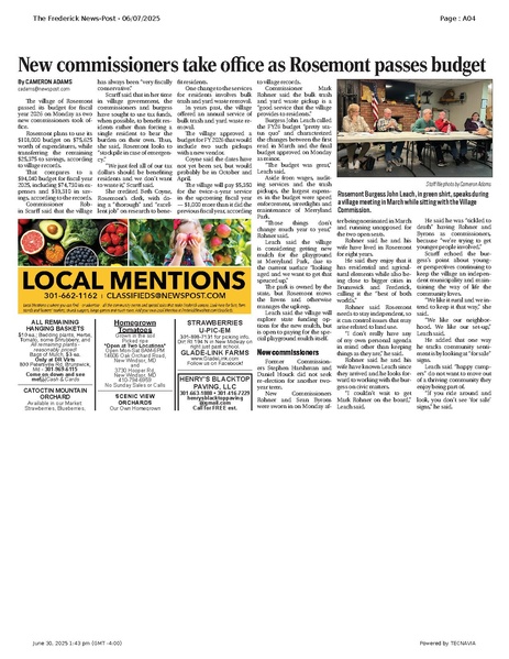 File:New commissioners take office as Rosemont passes budget, FrederickNewsPost, 2025.06.07.pdf