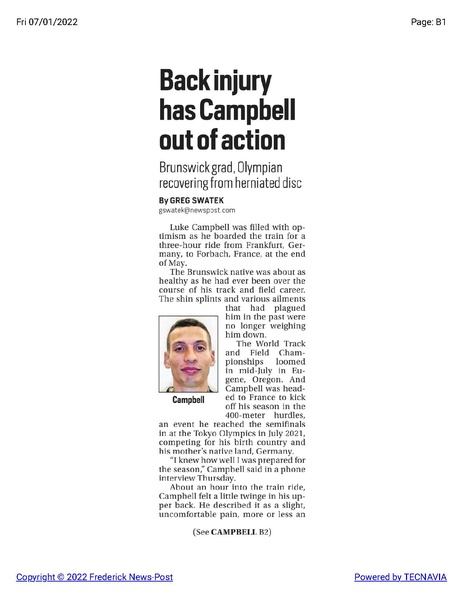 File:Track and Field Luke Campbell out of World Championships training due to injury, The Frederick News-Post, July 1, 2022.pdf