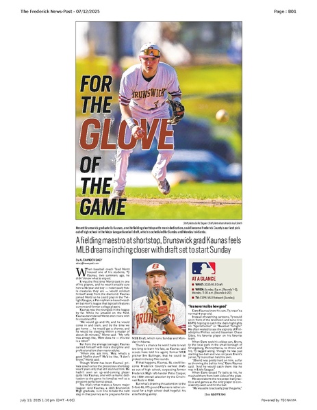 File:A fielding maestro at shortstop, Brunswick grad Kaunas feels MLB dreams inching closer with draft set to start Sunday, FrederickNewsPost, 2025.07.12.pdf