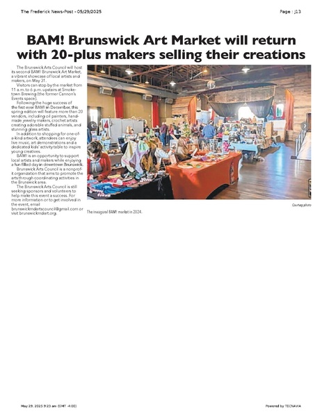 File:BAM! Brunswick Art Market will return with 20-plus makers selling their creations, FrederickNewsPost, 2025.05.29.pdf