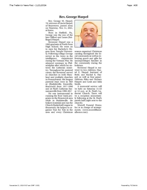 Rev. George Harpel (obituary) FrederickNewsPost, 2024.11.21.pdf
