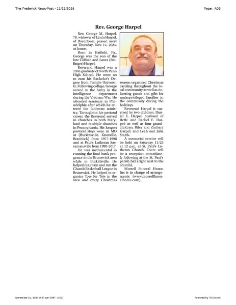 File:Rev. George Harpel (obituary) FrederickNewsPost, 2024.11.21.pdf