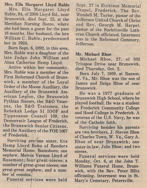 File:Ella Margaret Lloyd Ruble and Michael Rhoe Obituary from The Brunswick Citizen, October 9, 1986.jpg