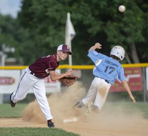 Little League 2018, Bradley Keriakos makes a throw to first.jpg