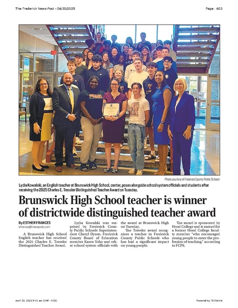 File:Brunswick High School teacher is winner of districtwide distinguished teacher award, FrederickNewsPost, 2025.04.30.pdf