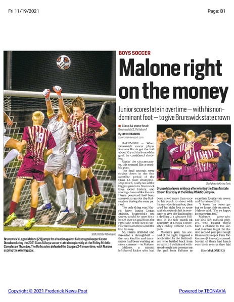 File:Soccer Boys team led by Logan Malone wins state championship, The Frederick News Post, November 19, 2021.pdf
