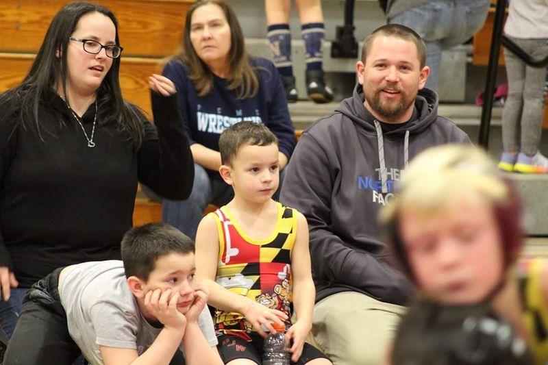 File:Wrestling 2019, Jessica and Jarrett Taylor with sons Jason (face in hands) and Jaxsen (holding bottle) , January 2019.jpg