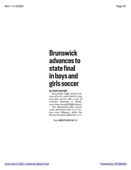 File:Soccer Brunswick advances to state final in boys and girls soccer, The Frederick News Post, November 15, 2021.pdf