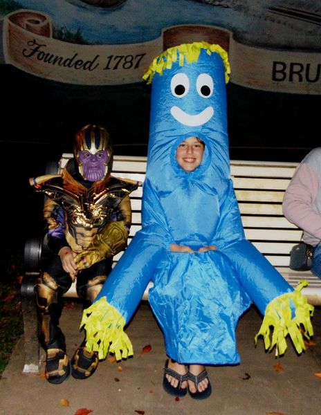 File:Halloween Party 2019 Alexander Knoepfle (blue inflatable guy) and William Knoepfle (Thanos) from Frederick, October 26, 2019.jpg