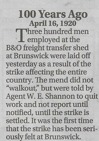 File:B&O Railroad Strike in Brunswick from 100 Years Ago, April 16, 1920 from The Frederick News-Post, April 16, 2020.jpg