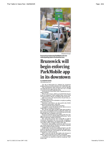File:Brunswick will begin enforcing ParkMobile app in its downtown, FrederickNewsPost, 2025.04.09.pdf