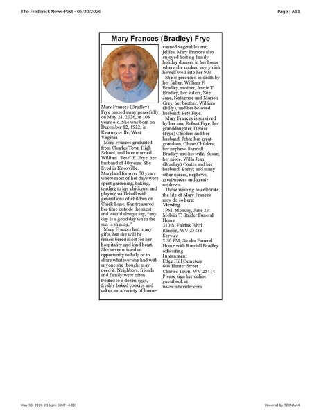 File:Mary Frances (Bradley) Frye, FrederickNewsPost, 2026.05.30.pdf