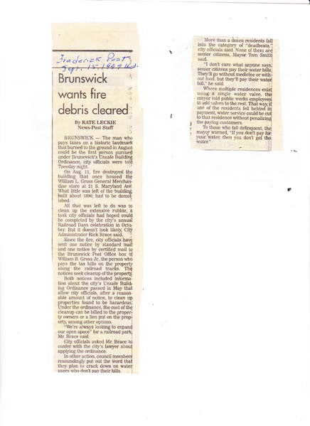 File:Gross Store, City wants fire debris cleared from The Frederick News Post, September 15, 1999.png