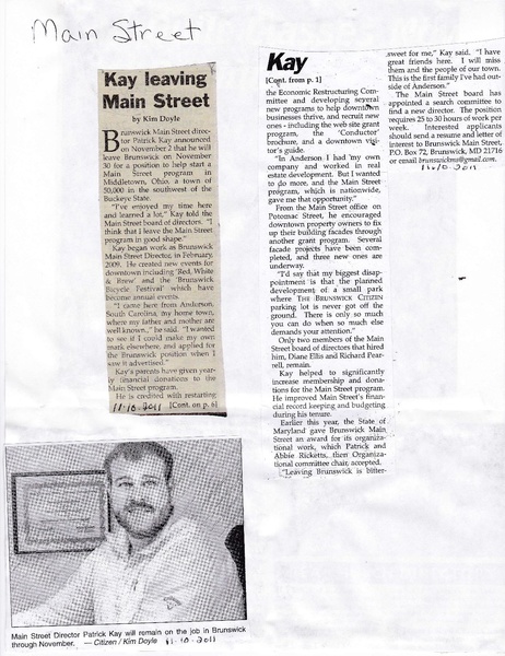 File:Main Street 2011, Manager Partick Kay leaving from The Brunswick Citizen, November 10, 2011.pdf