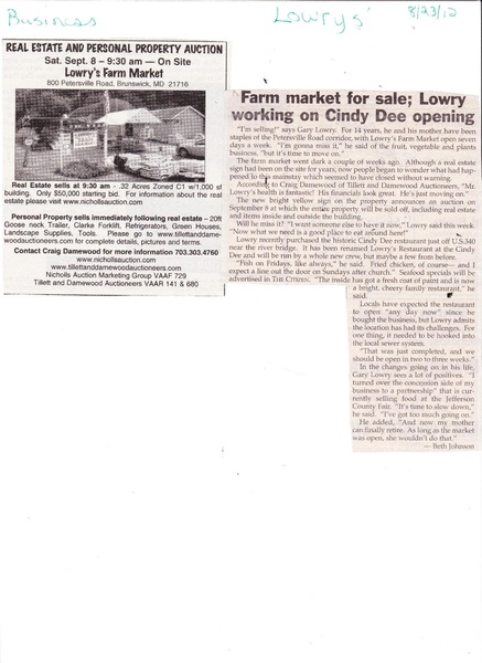 File:Lowry's Farm Market Auction from The Brunswick Citizen, August 23, 2012.pdf