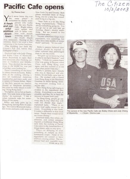 File:Pacific Cafe, 12 South Maple opens from The Brunswick Citizen, October 2, 2003.jpg