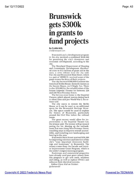 File:State grant to preserve Snoots House and Imperial Theater lot, The Frederick News-Post, December 17, 2022.pdf