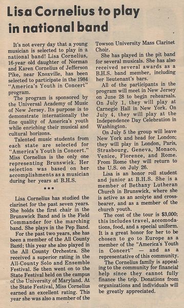 File:Band 1984 Lisa Cornelius to Play in Nation Band Band 1984 Band and Boosters Event from The Brunswick Citizen, Vol 11, No 22, May 31, 1984.jpg