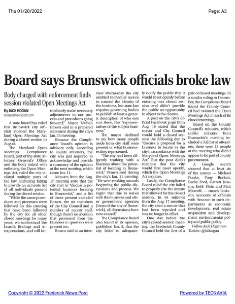 File:State board rules that Brunswick ran afoul of Open Meetings Act, The Frederick News-Post, January 20, 2022.pdf