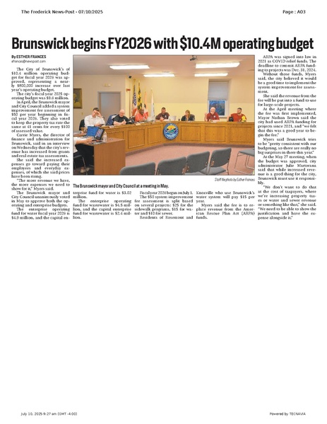 File:Brunswick begins FY2026 with $10.4M operating budget, FrederickNewsPost, 2025.07.10.pdf