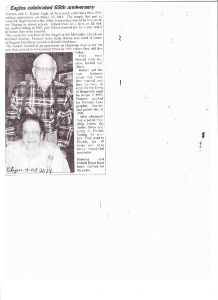 File:Francis and G Robert Eagle celebrate 65th Anniversary from The Brunswick Citizen, April 3, 2014.pdf