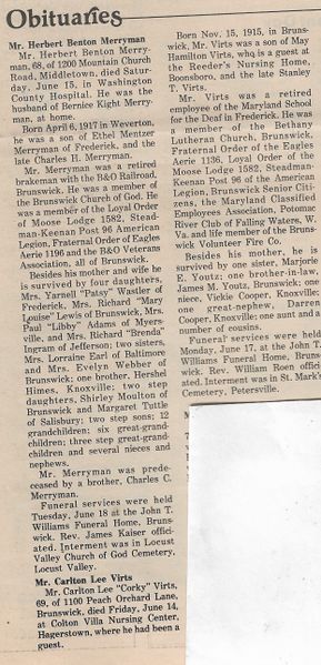 File:Herbert Benton Merryman and Carlton Lee Virts Obituaries from The Brunswick Citizen, Vol 12, No 25, June 20, 1985.jpg
