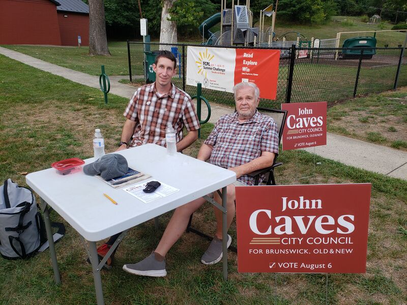 File:Election 2024 John Caves and David McIntosh Outside the Polling Area.jpg
