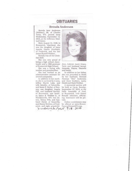 File:Brenda Jane Anderson Orbituary from The Frederick News Post, September 18, 2016.pdf