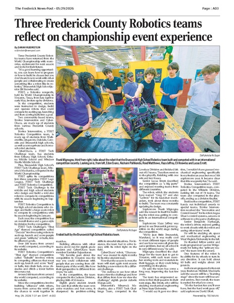 File:Three Frederick County Robotics teams reflect on championship event experience, FrederickNewsPost, 2026.05.29.pdf