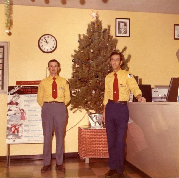 File:Christmas Time Circa 1972 Postmen Bill Utterback and Jerry Pearrell at the Brunswick Post Office.jpg