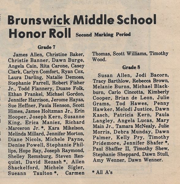File:Honor Roll 1984 BMS Second Marking Period from The Brunswick Citizen, Vol 11, No 7, February 16, 1984.jpg