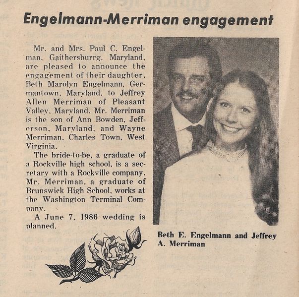 File:Beth Marolyn Engelman and Jeffrey Allen Merriman Engagement from The Brunswick Citizen, Vol 12, No 50, December 19, 1985.jpg