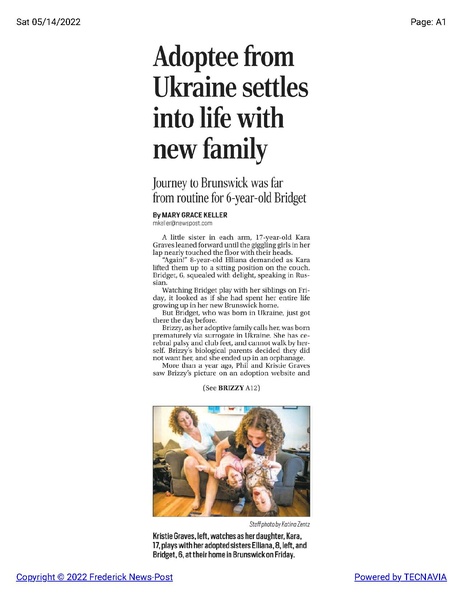 File:Graves family's adopted daughter from Ukraine settles into Brunswick, The Frederick News-Post, May 14, 2022.pdf