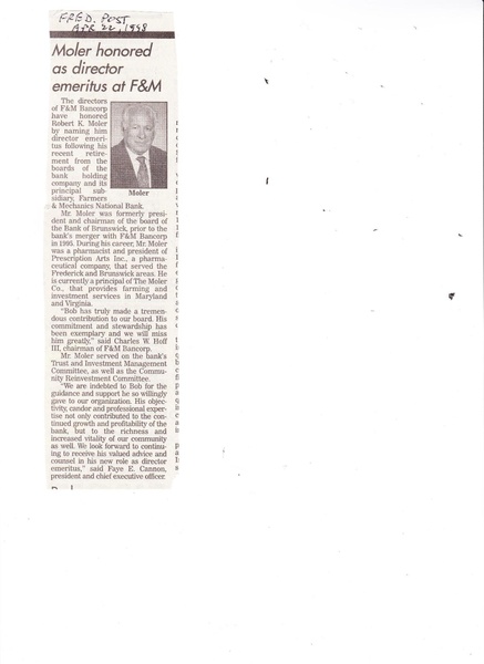 File:F&M Bank, Bob Moler Honored from The Frederick News Post, April 22, 1988.pdf