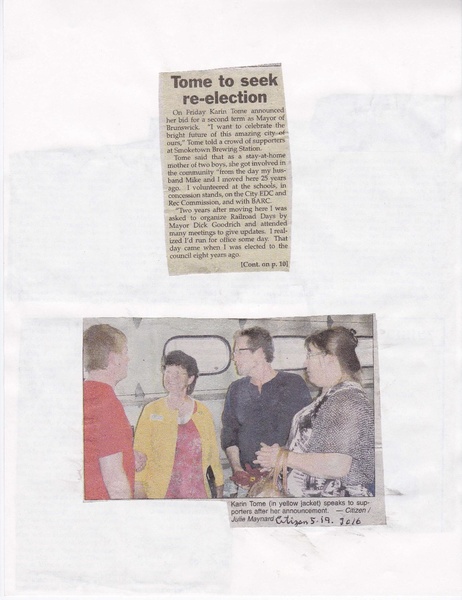 File:Mayor Karin Tome to seek reelection from The Brunswick Citizen, May 19, 2016.pdf