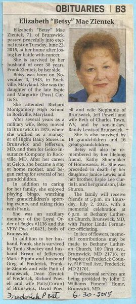 File:Elizabeth (Betsy) Mae Zientek Obituary June 23, 2015 from Frederick News Post June 30, 2015.jpg