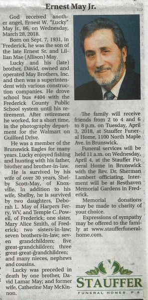 File:Ernest W. (Lucky) May Jr Obituary from the Frederick News Post, Vol 135, No 168, March 31, 2018.jpg